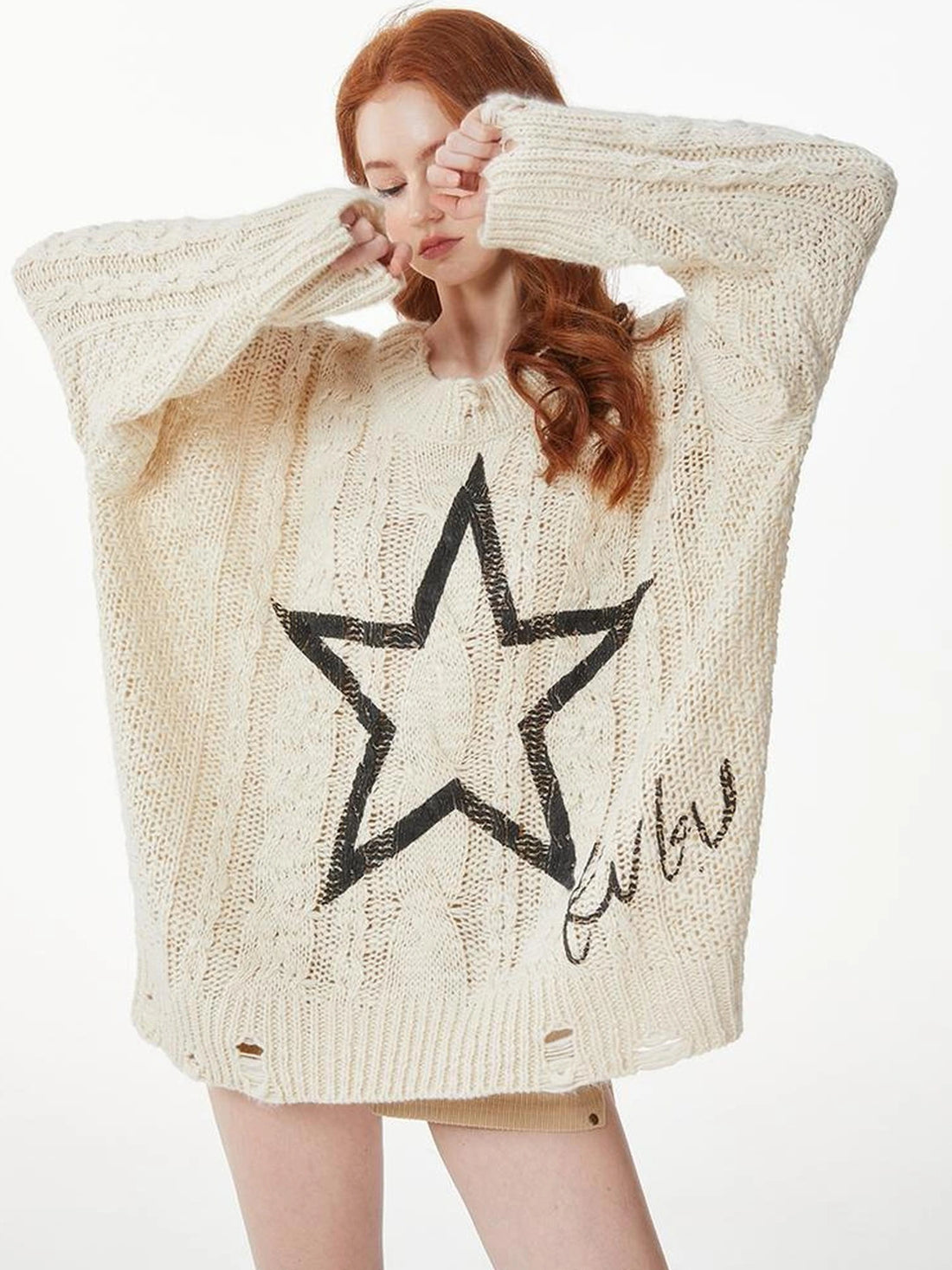 kvkv Vintage Cable Knit Sweater With Faded Star Print