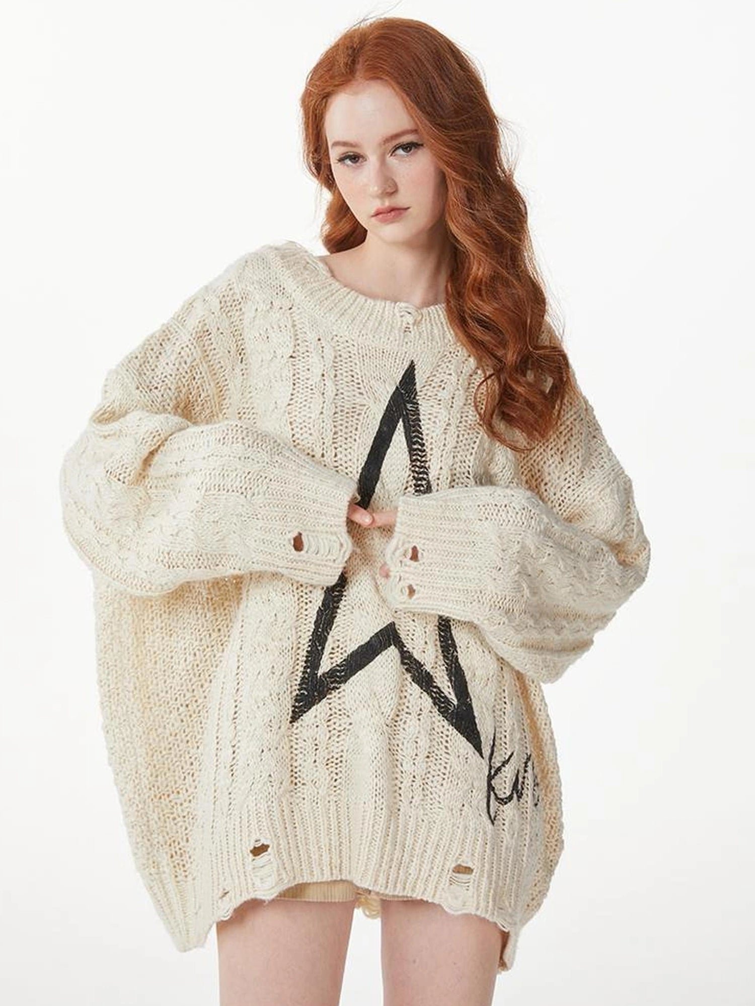kvkv Vintage Cable Knit Sweater With Faded Star Print