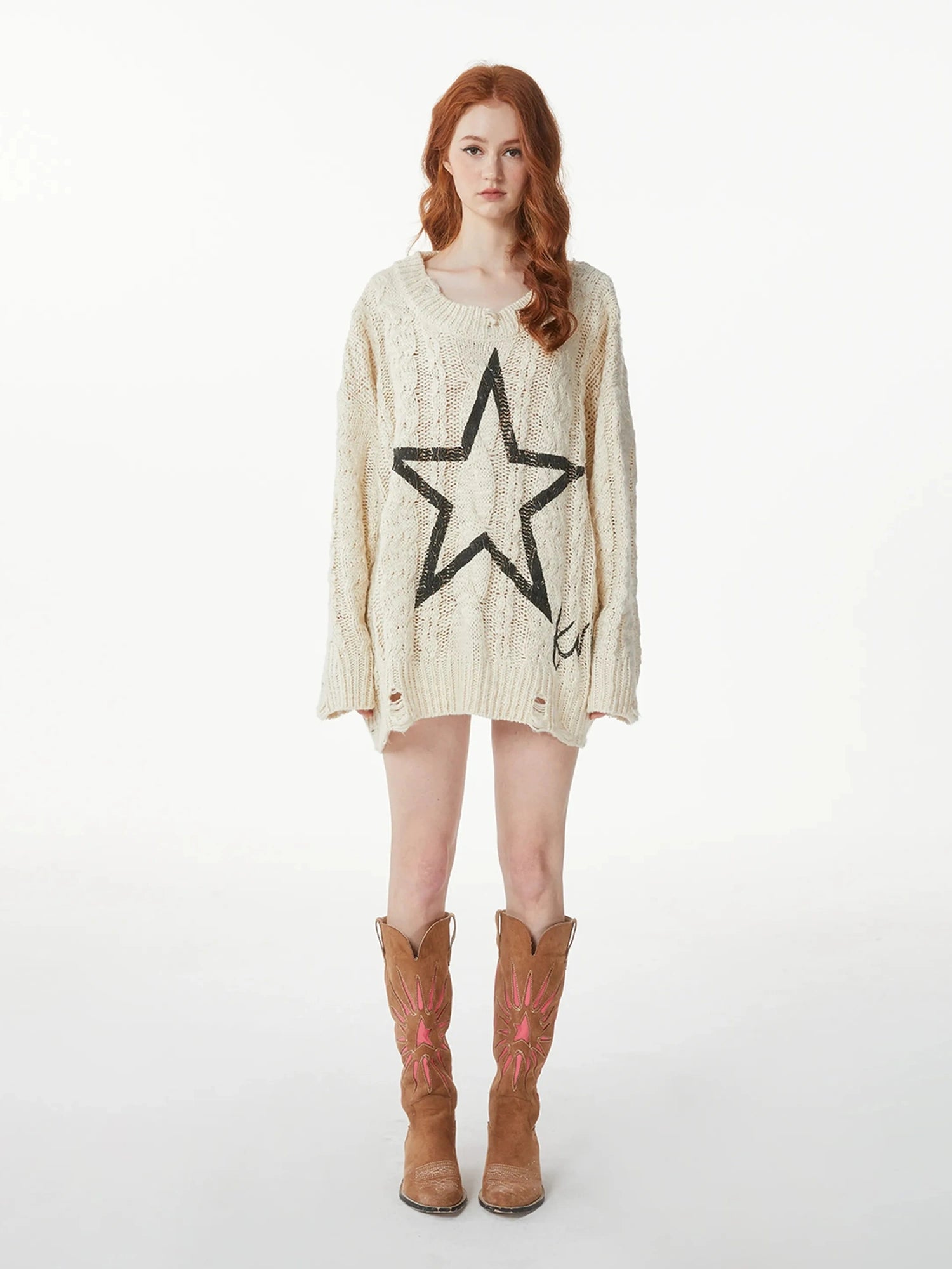 kvkv Vintage Cable Knit Sweater With Faded Star Print