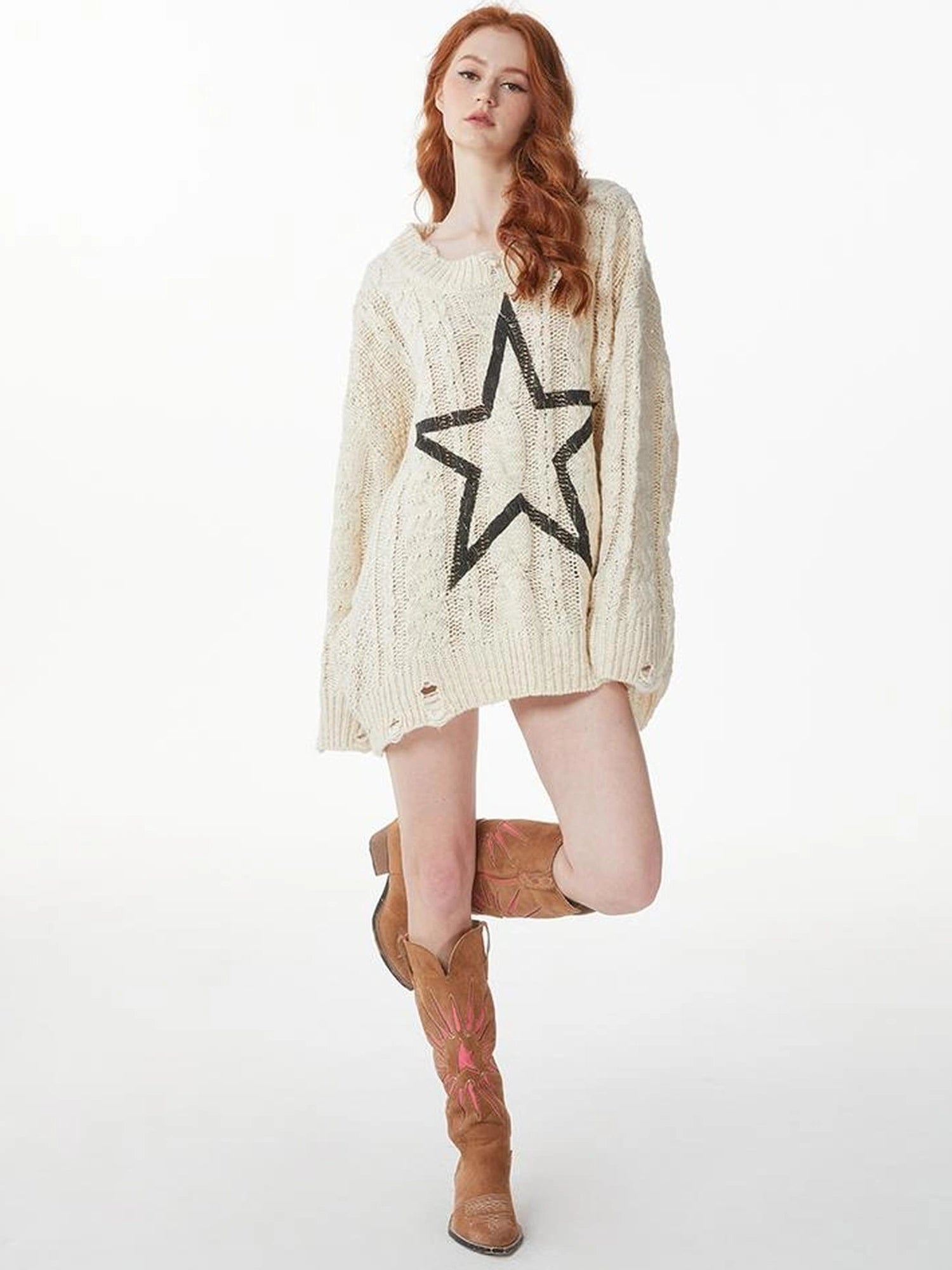 kvkv Vintage Cable Knit Sweater With Faded Star Print