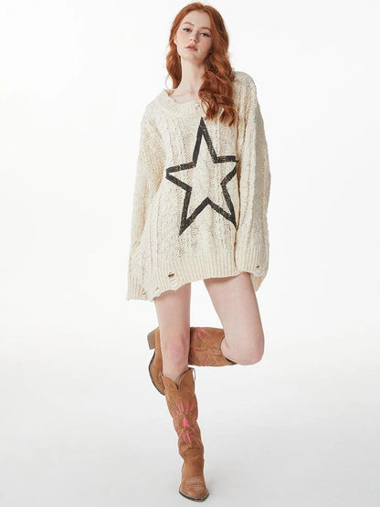 kvkv Vintage Cable Knit Sweater With Faded Star Print