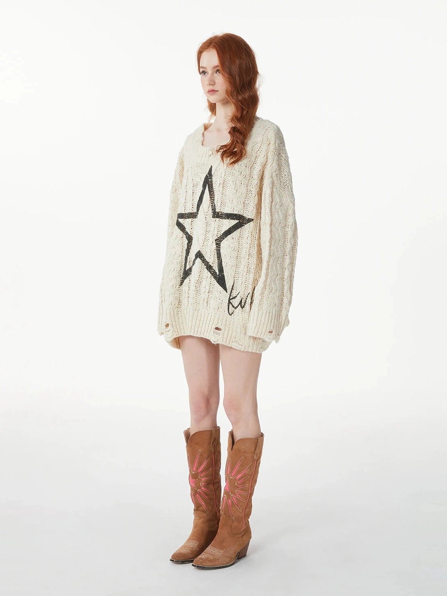 kvkv Vintage Cable Knit Sweater With Faded Star Print