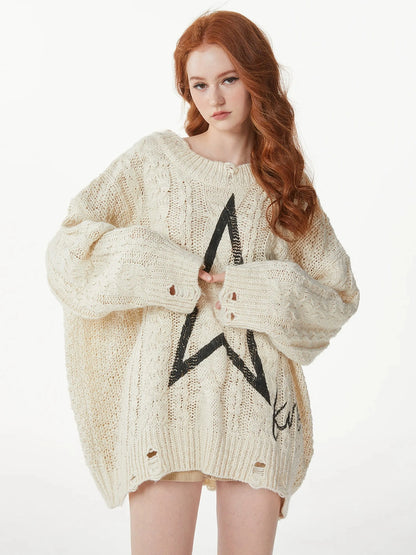 kvkv Vintage Cable Knit Sweater With Faded Star Print
