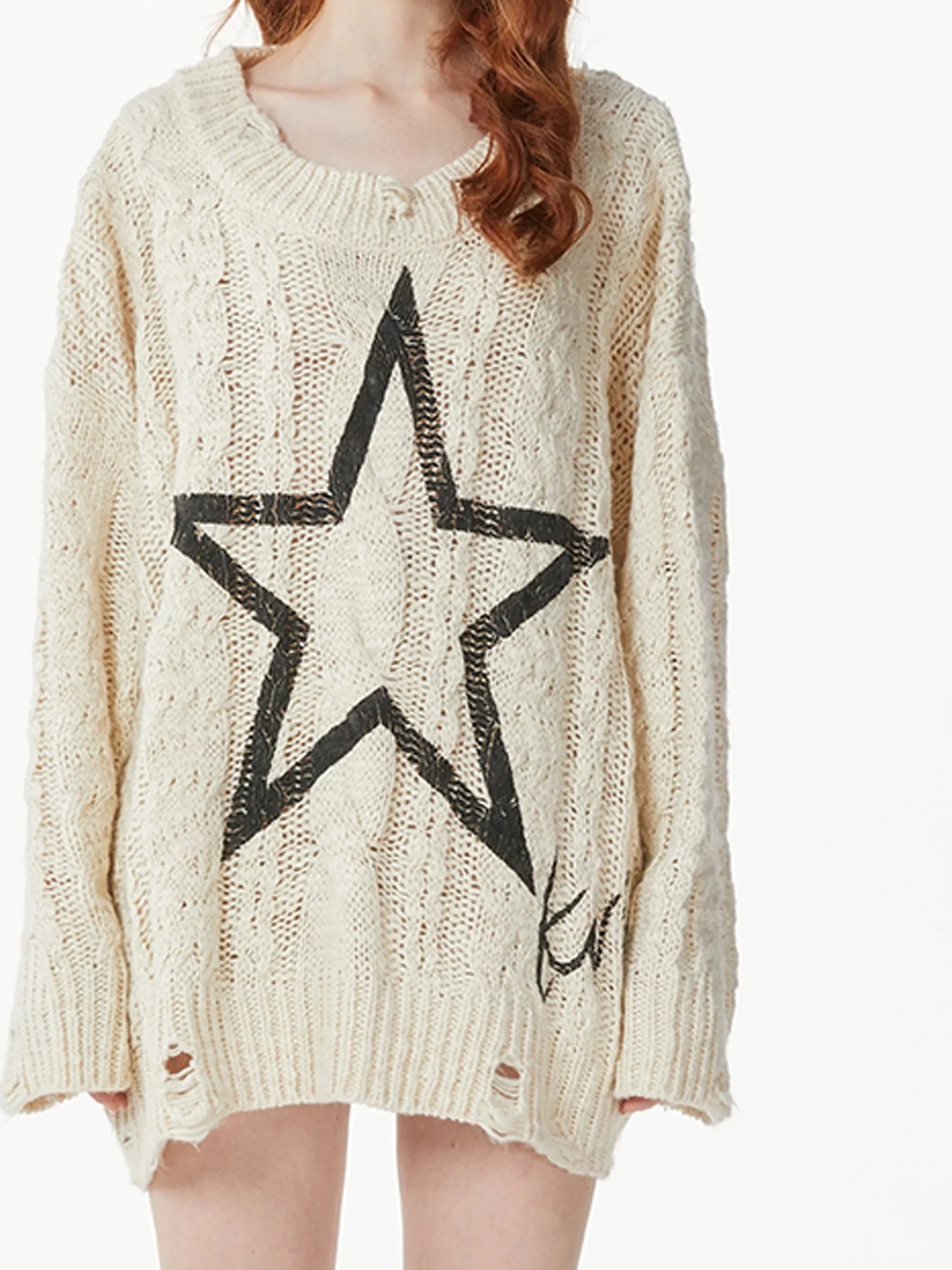 kvkv Vintage Cable Knit Sweater With Faded Star Print