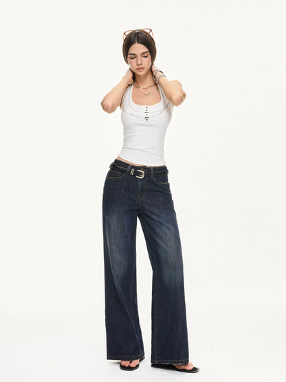KVKV Yoga Clothing Brand - Vintage Deep Blue Wide Leg Denim Jeans