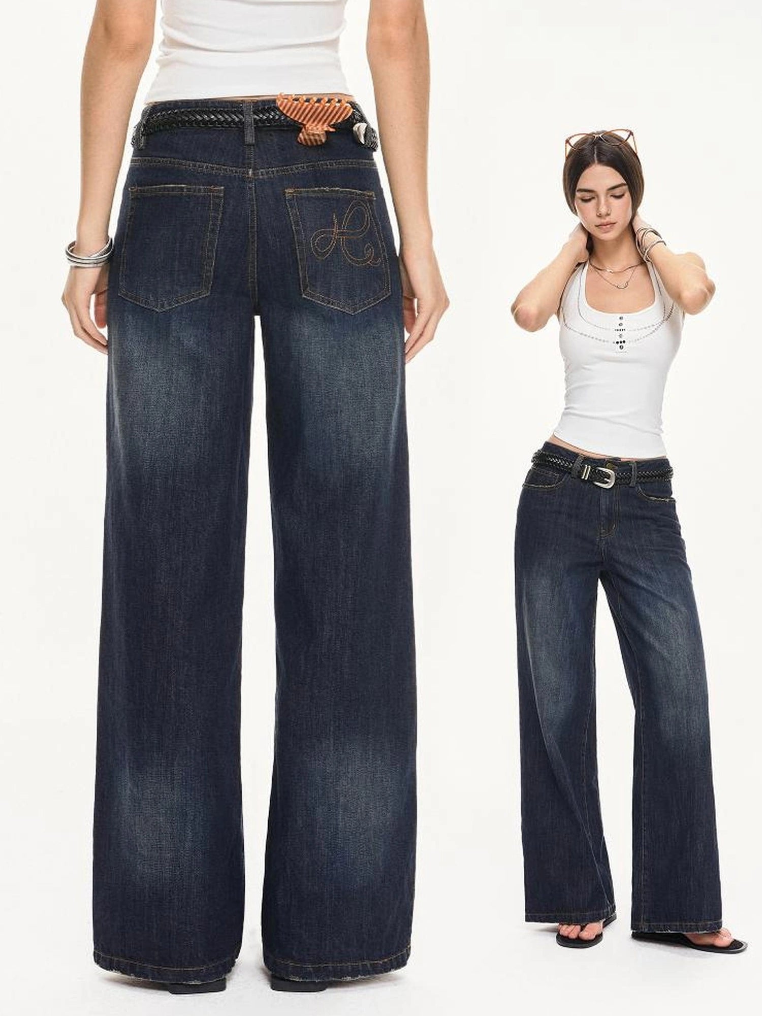 KVKV Yoga Clothing Brand - Vintage Deep Blue Wide Leg Denim Jeans