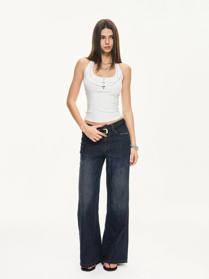 KVKV Yoga Clothing Brand - Vintage Deep Blue Wide Leg Denim Jeans