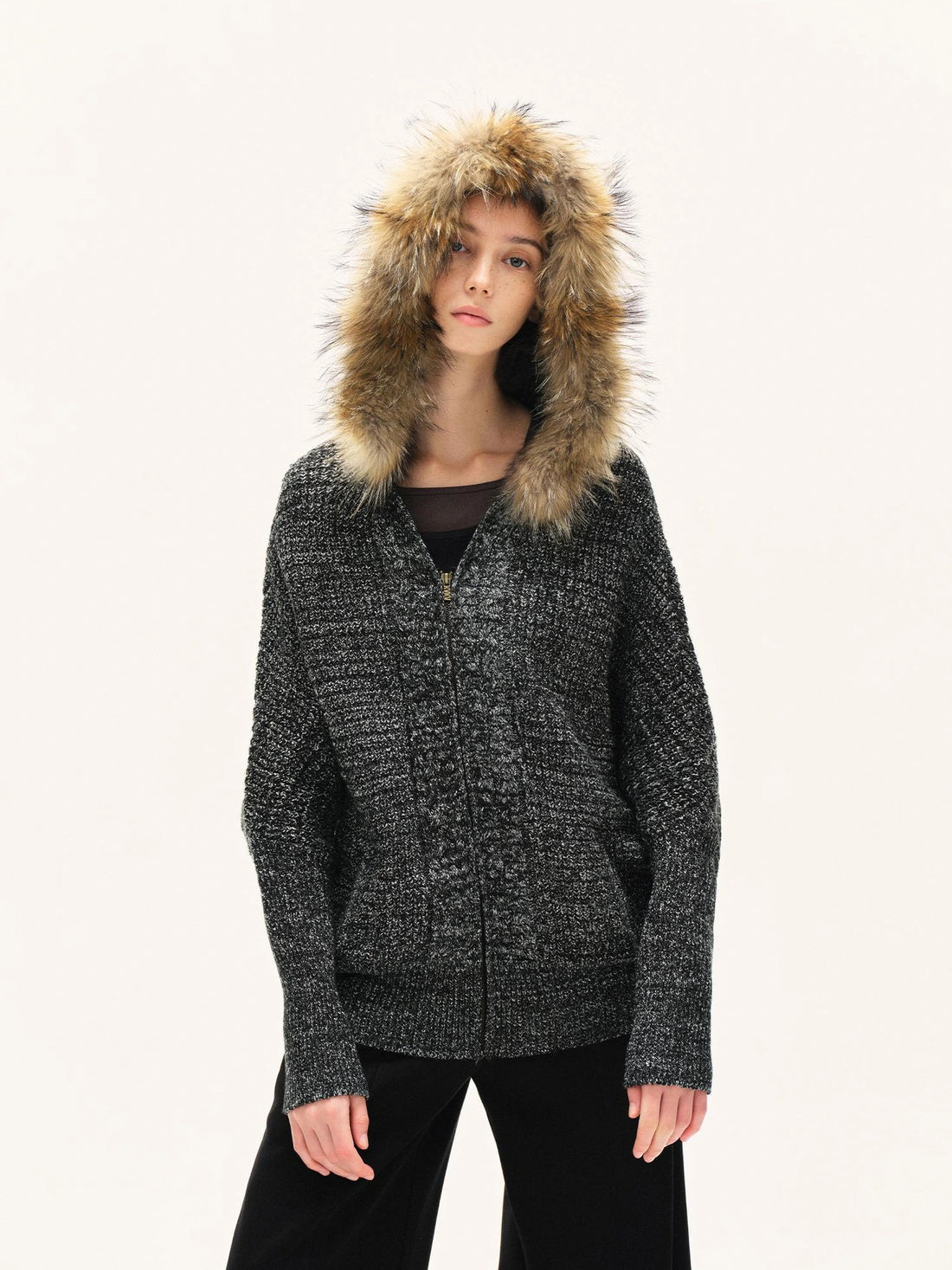 kvkv Vintage Detachable Fur Hoodie Zip Up Cardigan