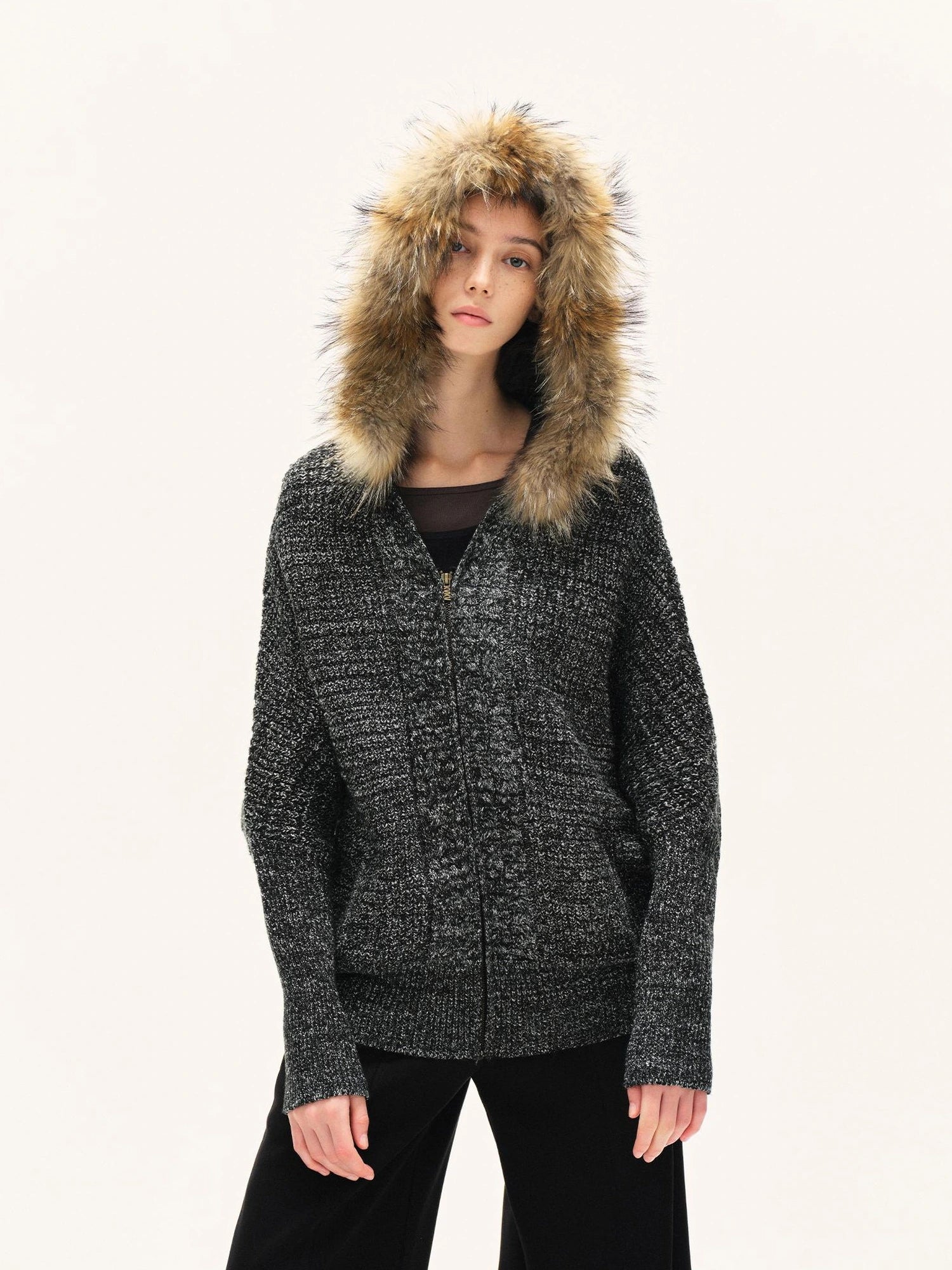 kvkv Vintage Detachable Fur Hoodie Zip Up Cardigan