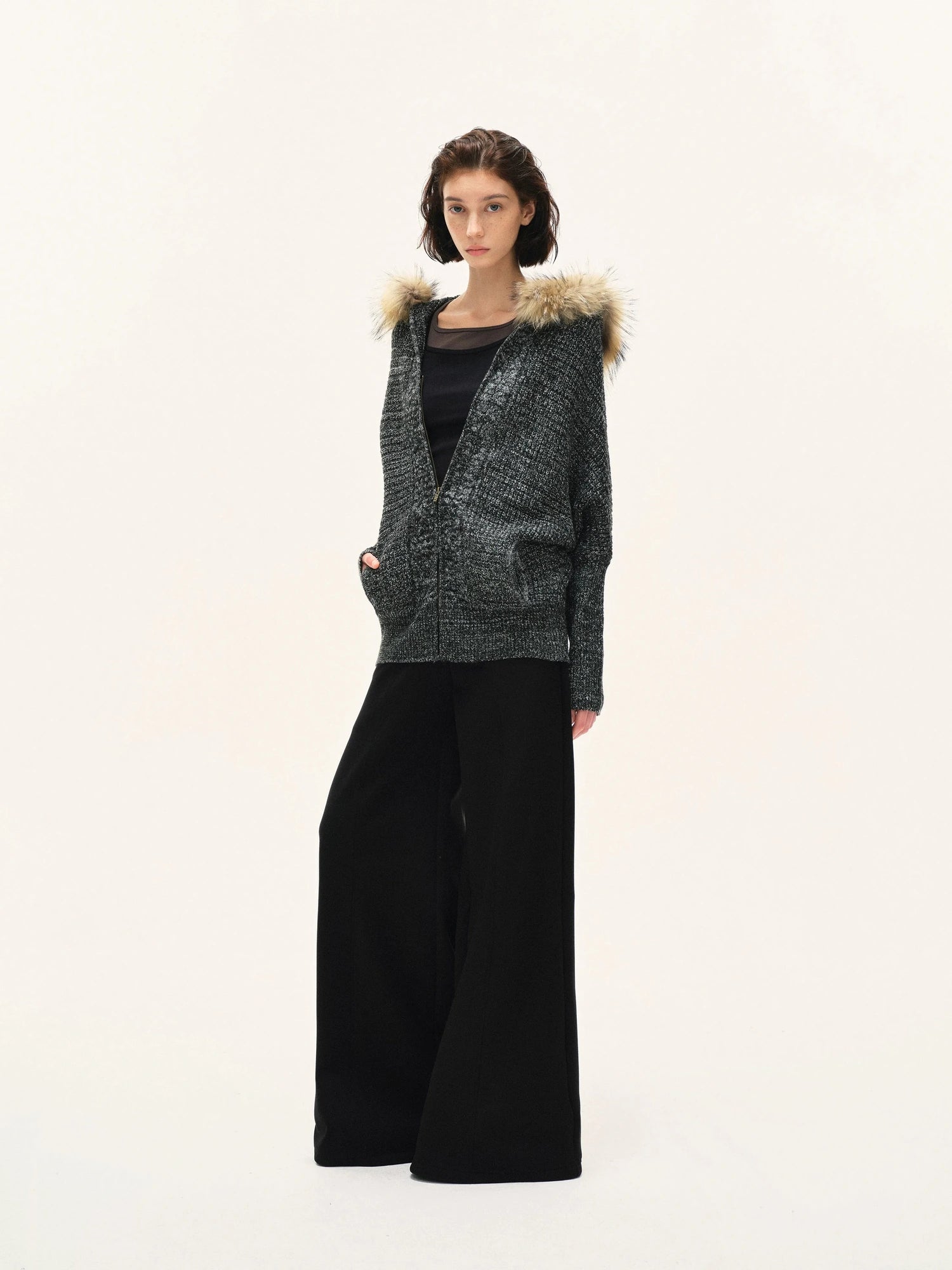 kvkv Vintage Detachable Fur Hoodie Zip Up Cardigan