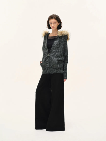 kvkv Vintage Detachable Fur Hoodie Zip Up Cardigan