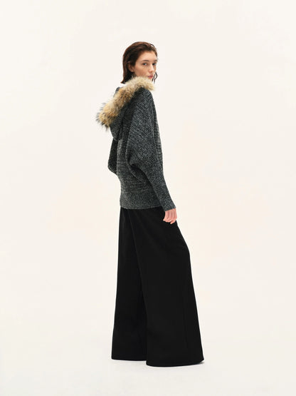 kvkv Vintage Detachable Fur Hoodie Zip Up Cardigan