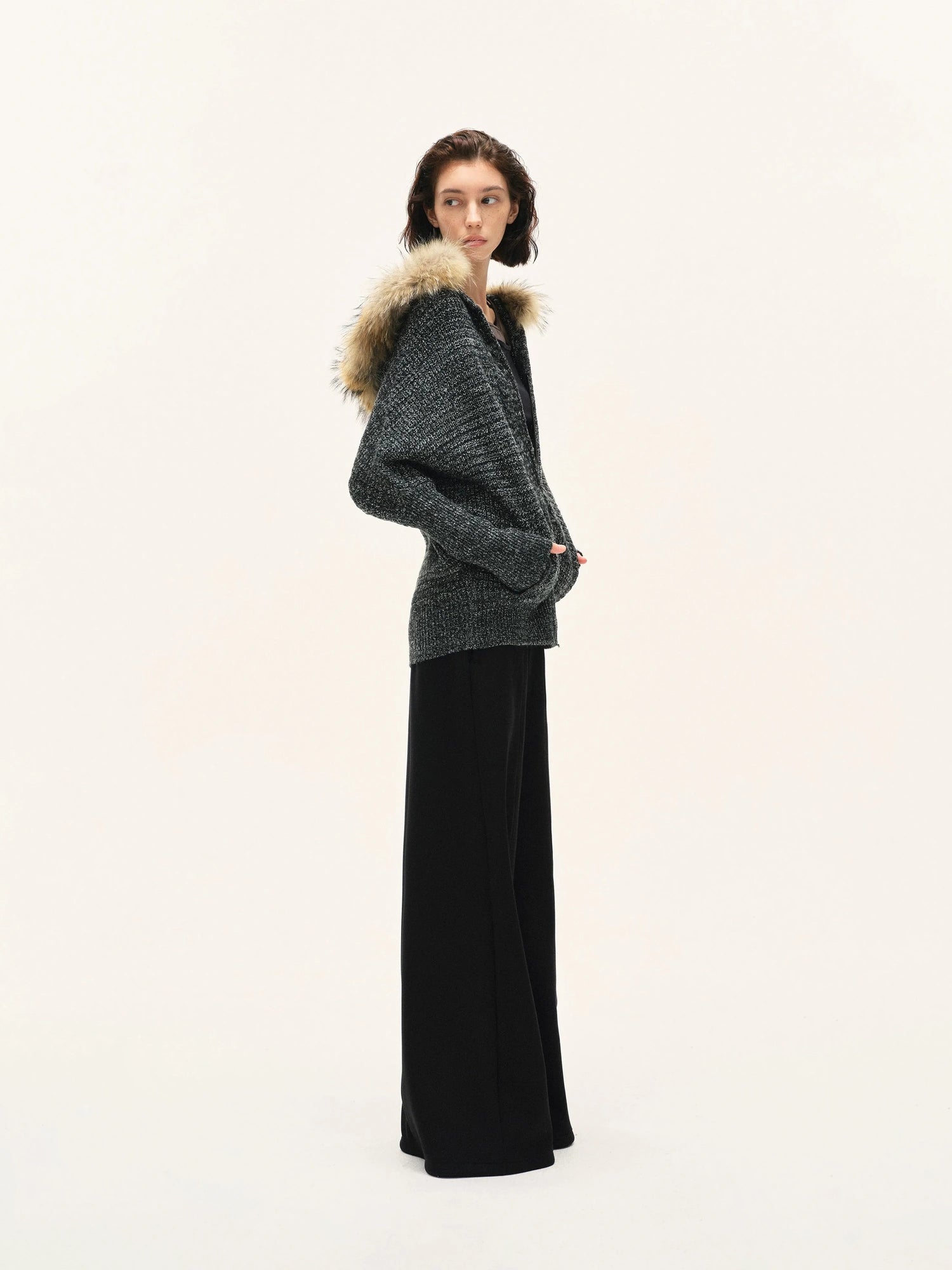 kvkv Vintage Detachable Fur Hoodie Zip Up Cardigan