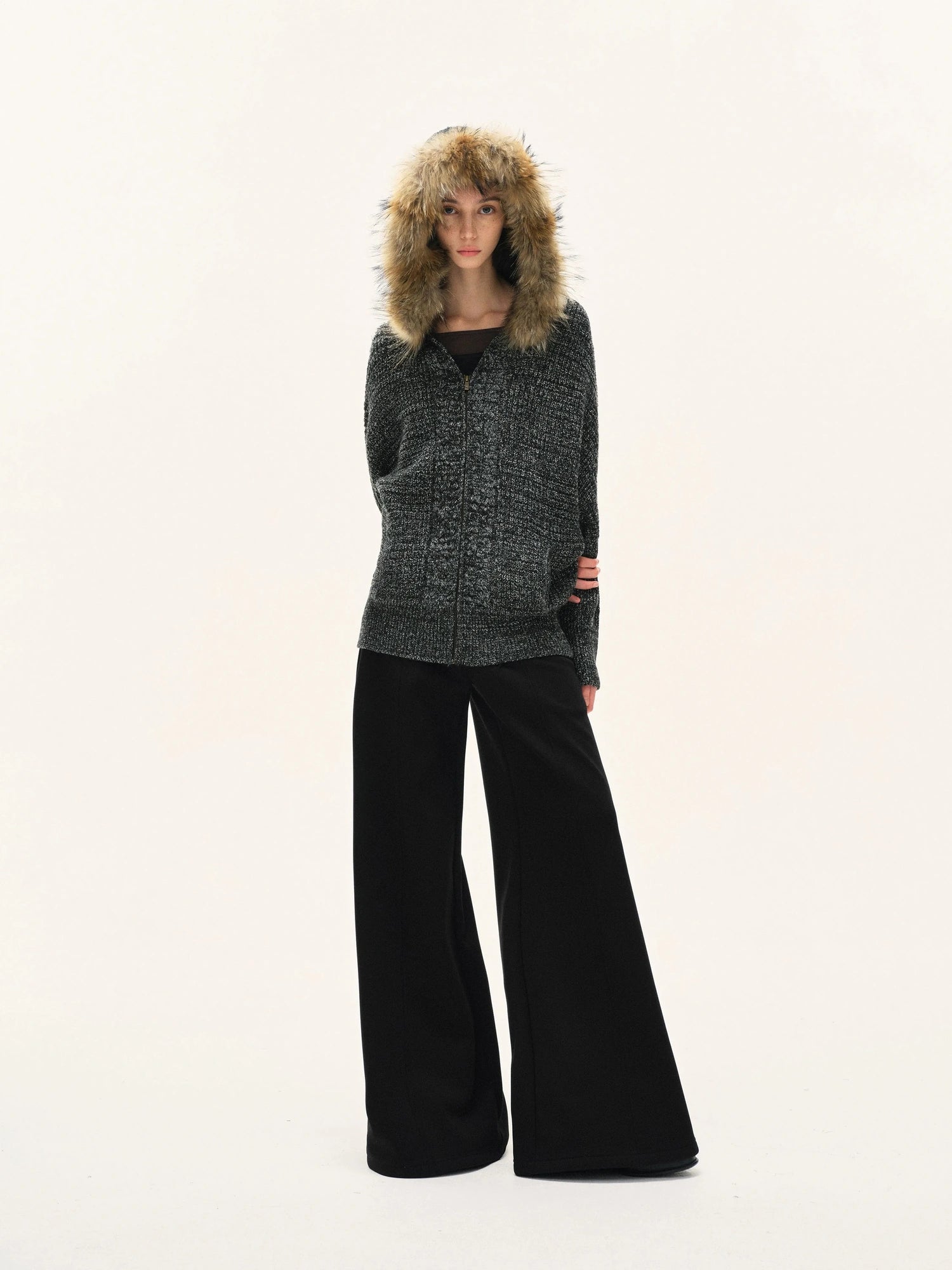kvkv Vintage Detachable Fur Hoodie Zip Up Cardigan