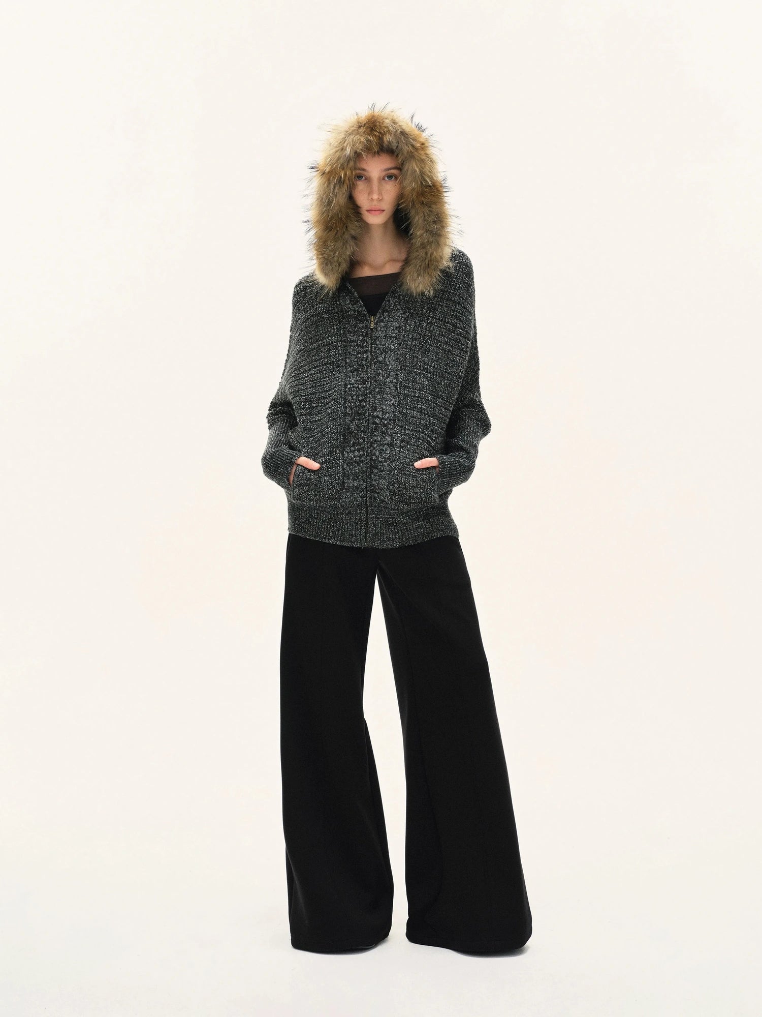kvkv Vintage Detachable Fur Hoodie Zip Up Cardigan