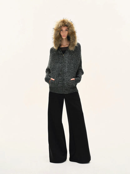 kvkv Vintage Detachable Fur Hoodie Zip Up Cardigan
