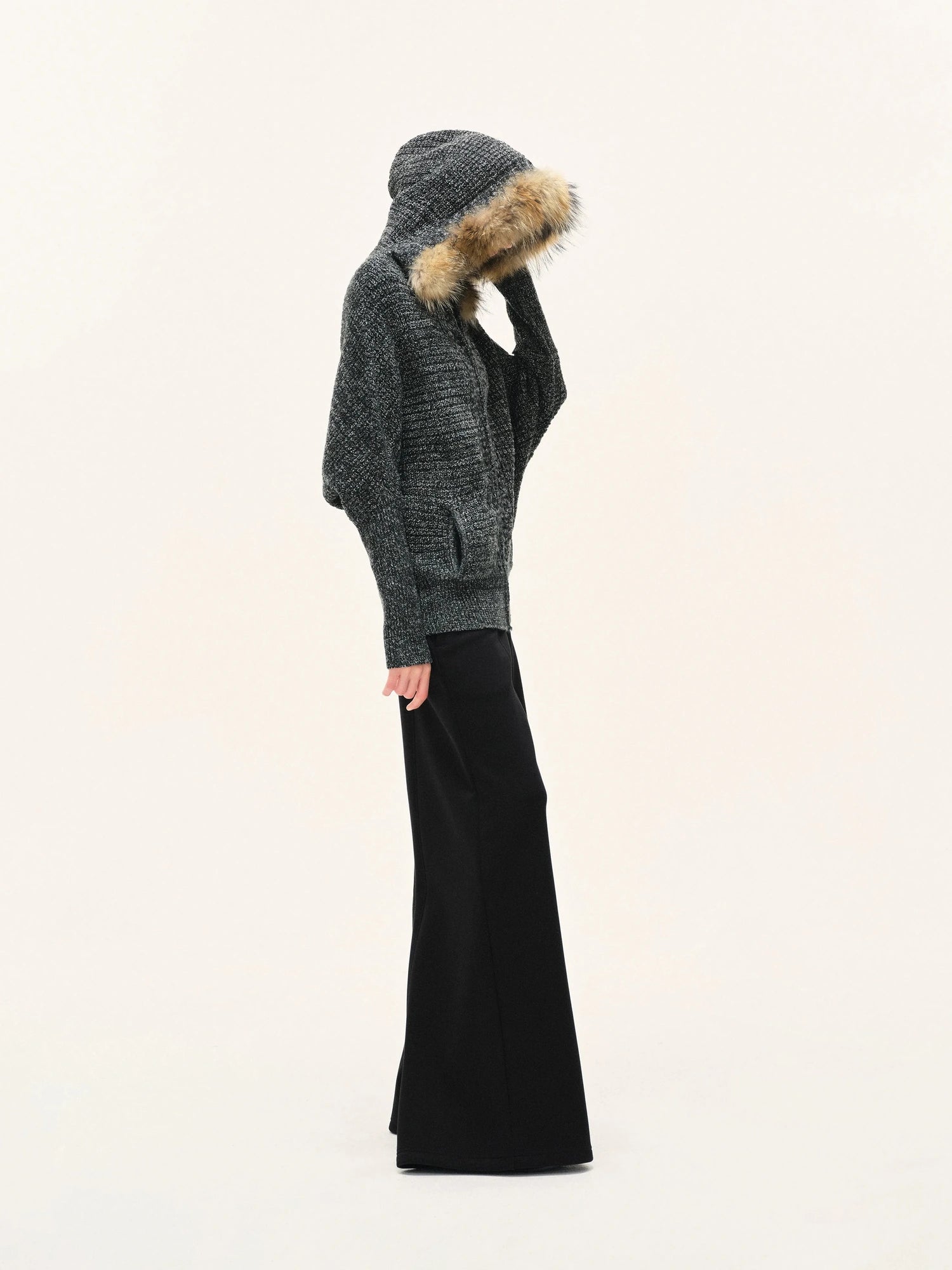 kvkv Vintage Detachable Fur Hoodie Zip Up Cardigan