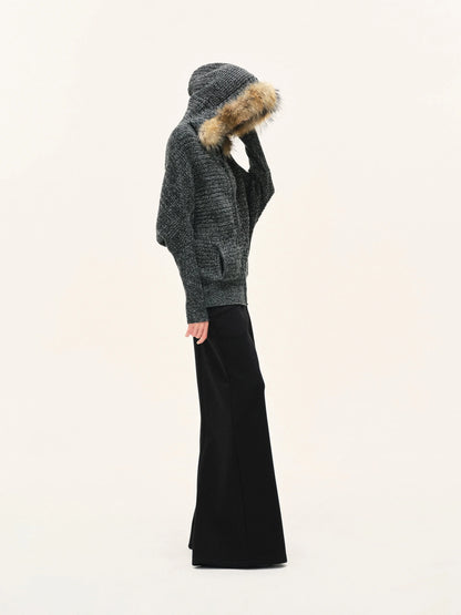 kvkv Vintage Detachable Fur Hoodie Zip Up Cardigan