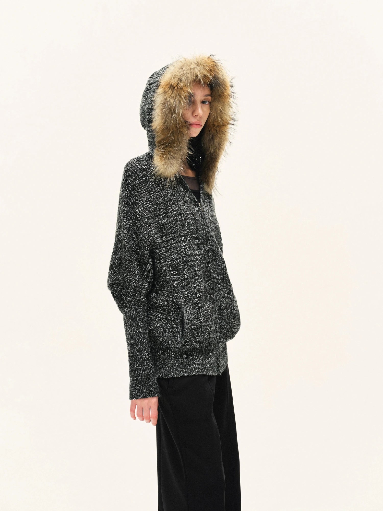 kvkv Vintage Detachable Fur Hoodie Zip Up Cardigan