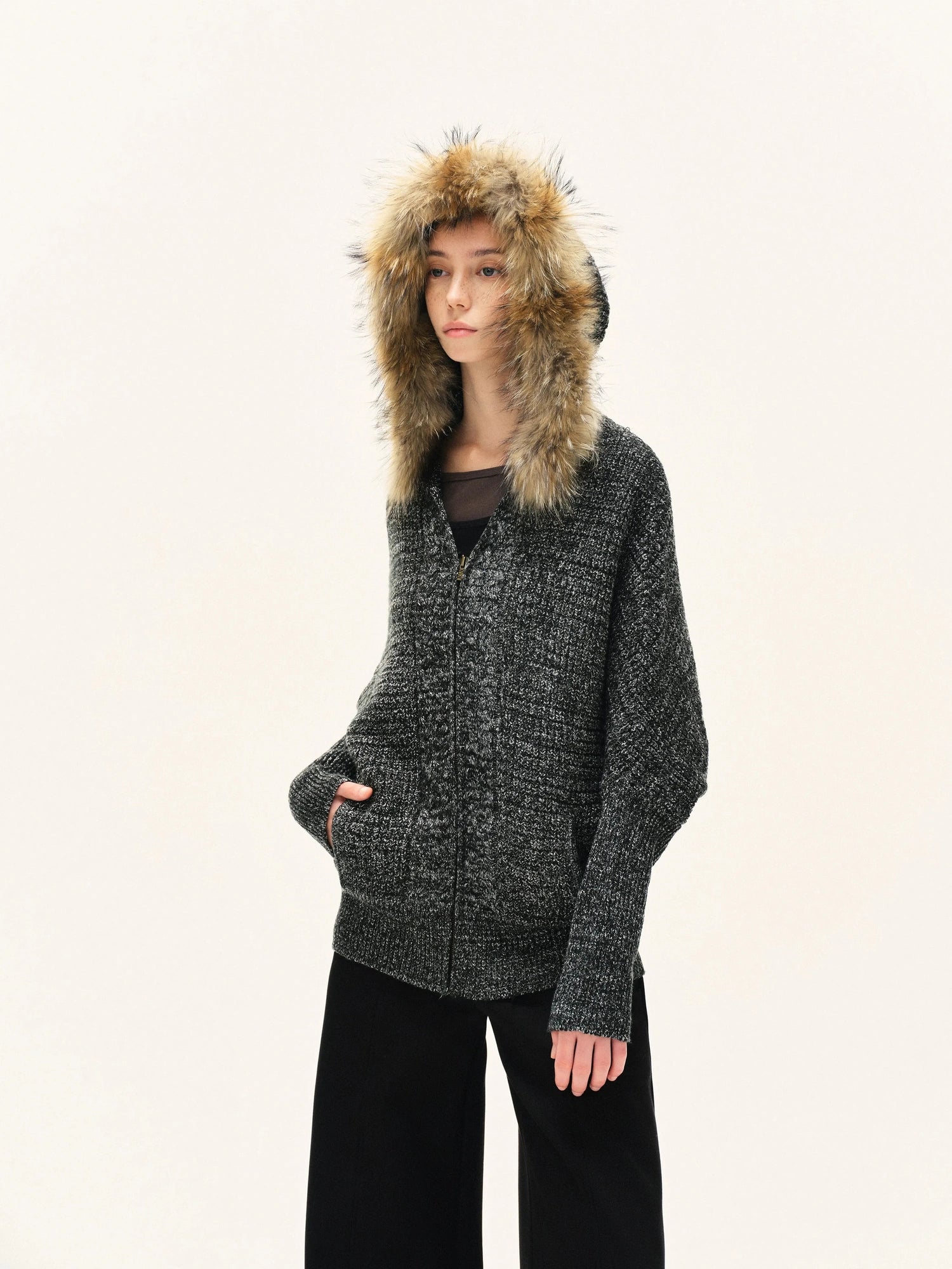 kvkv Vintage Detachable Fur Hoodie Zip Up Cardigan