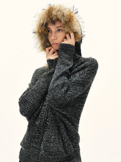 kvkv Vintage Detachable Fur Hoodie Zip Up Cardigan
