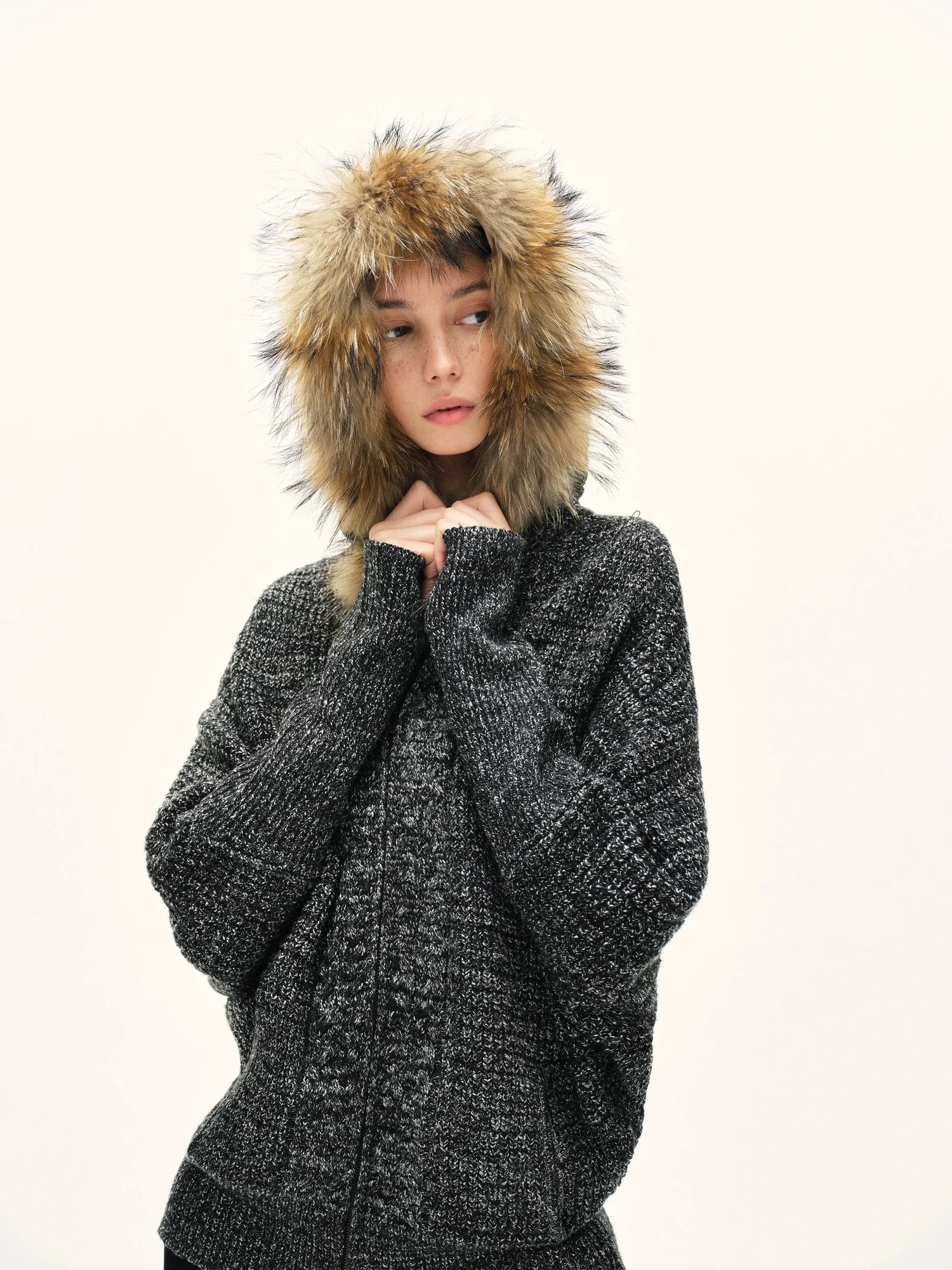 kvkv Vintage Detachable Fur Hoodie Zip Up Cardigan