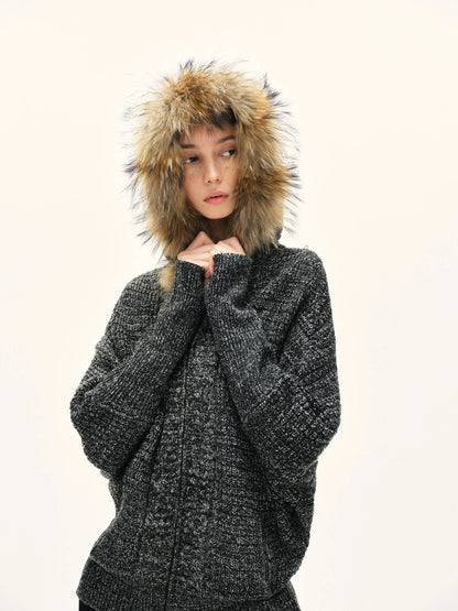 kvkv Vintage Detachable Fur Hoodie Zip Up Cardigan