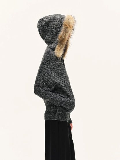 kvkv Vintage Detachable Fur Hoodie Zip Up Cardigan
