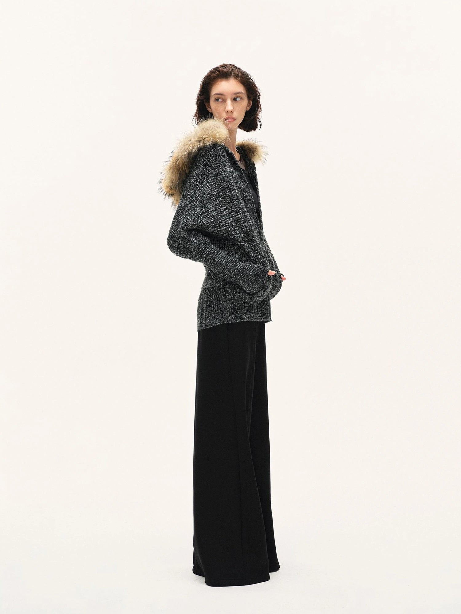 kvkv Vintage Detachable Fur Hoodie Zip Up Cardigan