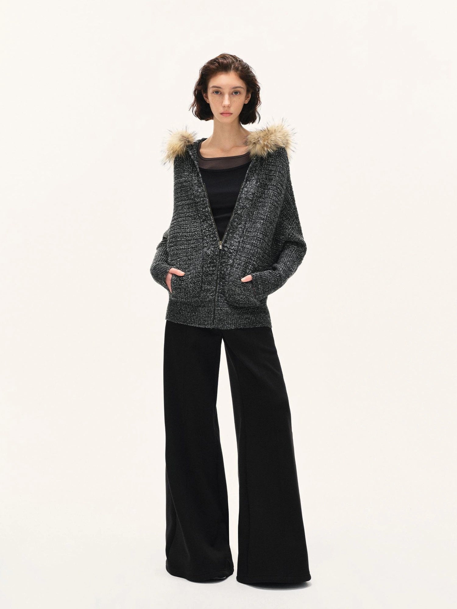 kvkv Vintage Detachable Fur Hoodie Zip Up Cardigan