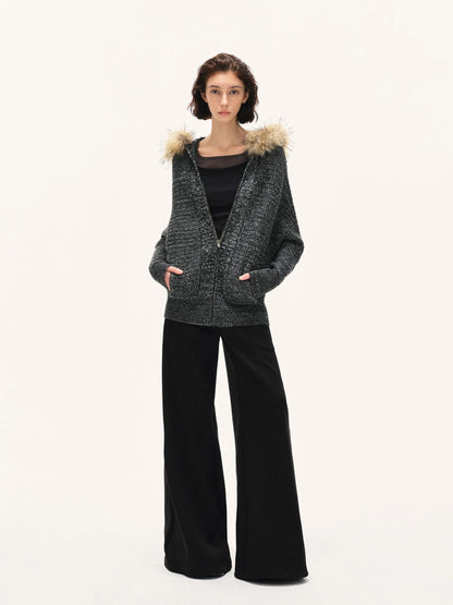 kvkv Vintage Detachable Fur Hoodie Zip Up Cardigan