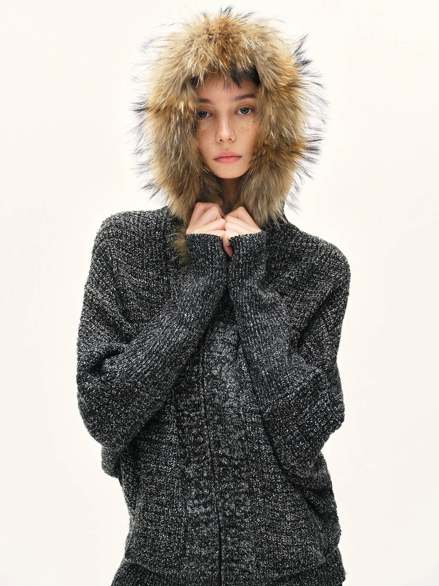 kvkv Vintage Detachable Fur Hoodie Zip Up Cardigan