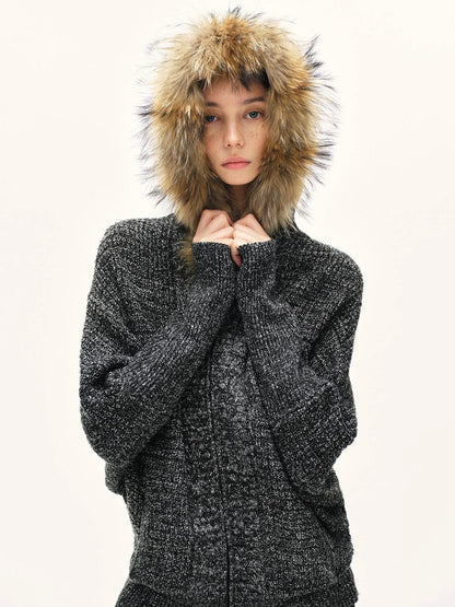 kvkv Vintage Detachable Fur Hoodie Zip Up Cardigan