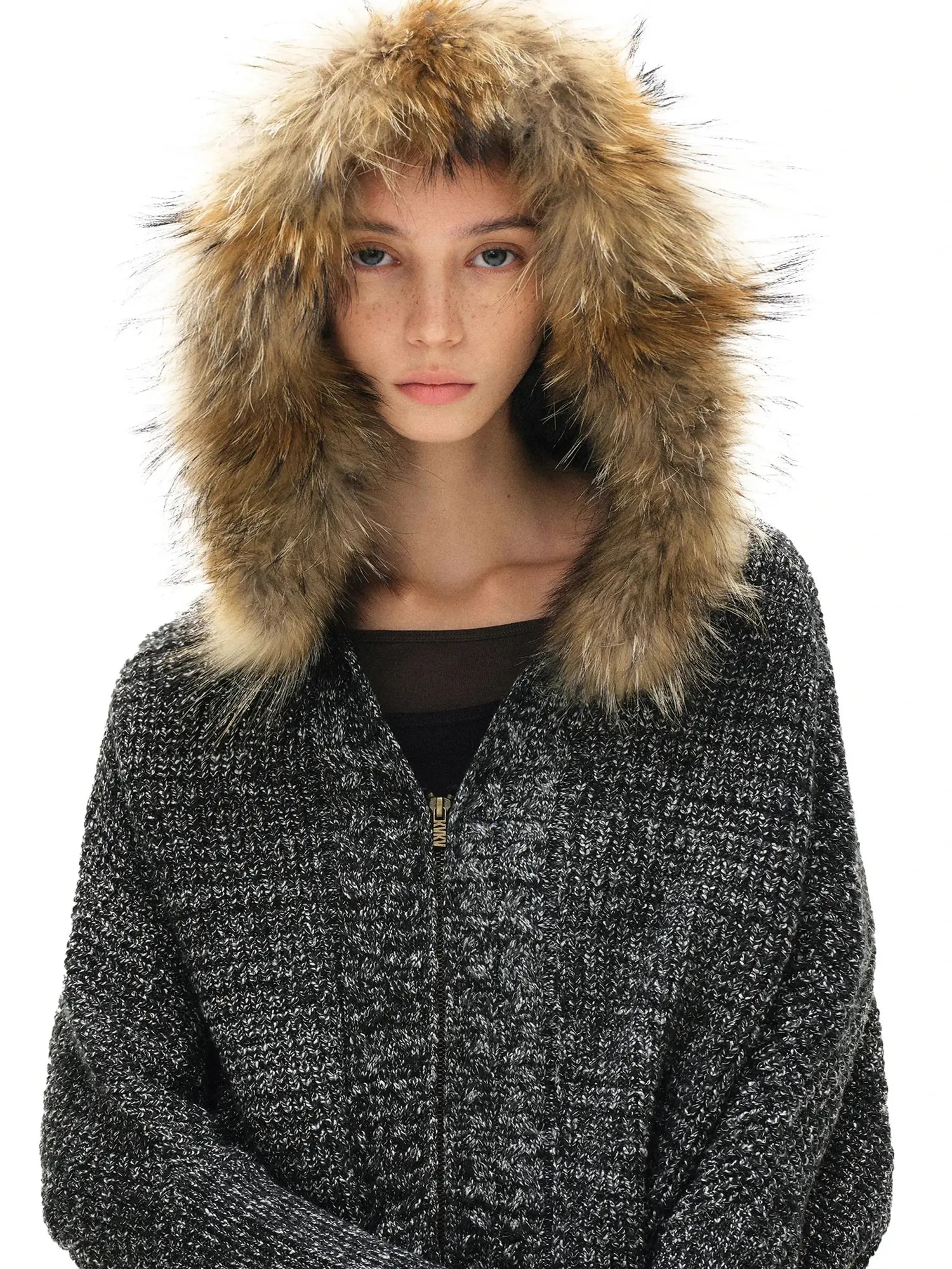 kvkv Vintage Detachable Fur Hoodie Zip Up Cardigan