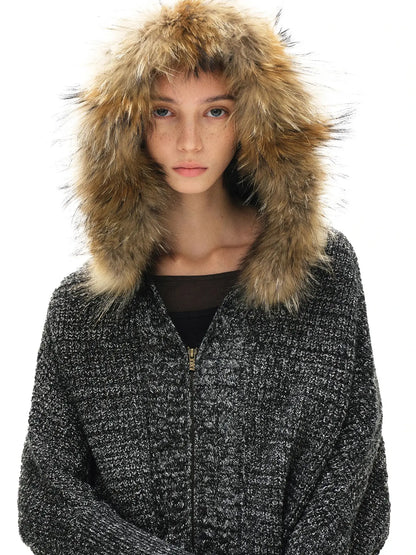 kvkv Vintage Detachable Fur Hoodie Zip Up Cardigan