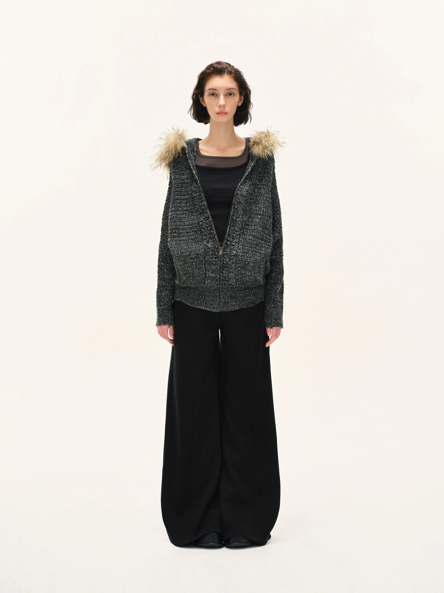kvkv Vintage Detachable Fur Hoodie Zip Up Cardigan