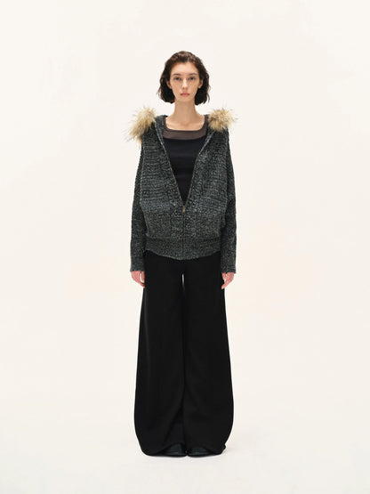 kvkv Vintage Detachable Fur Hoodie Zip Up Cardigan