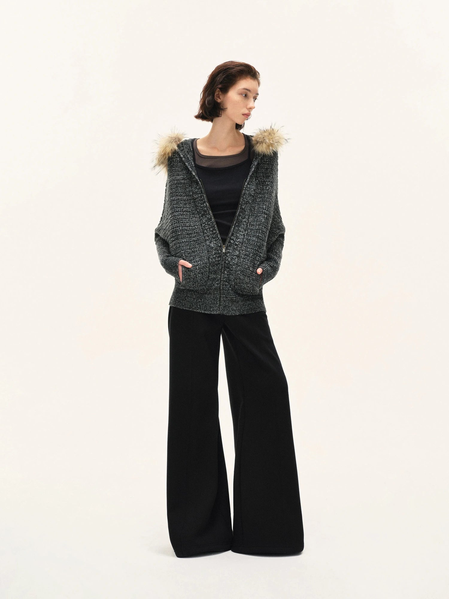 kvkv Vintage Detachable Fur Hoodie Zip Up Cardigan