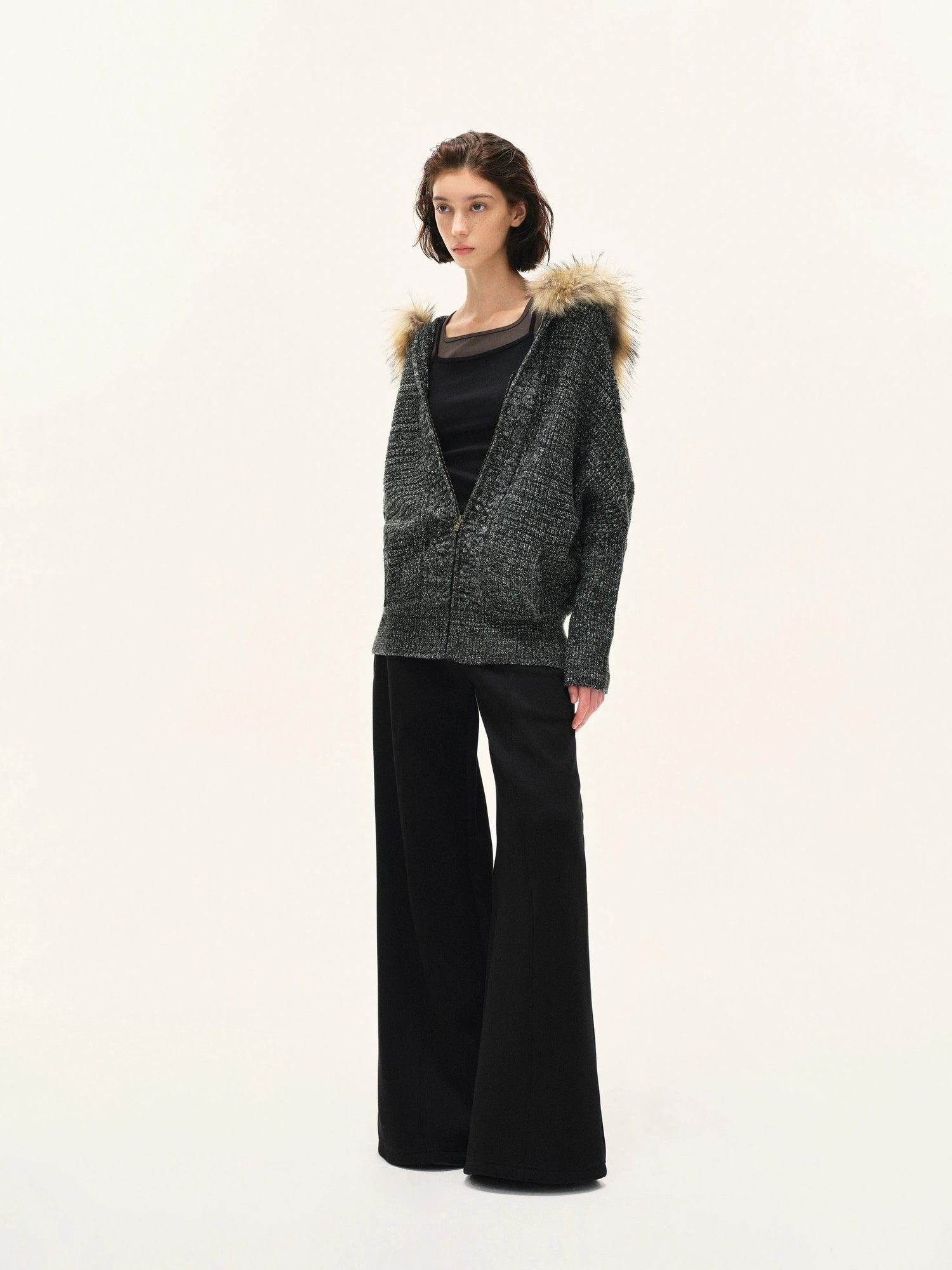 kvkv Vintage Detachable Fur Hoodie Zip Up Cardigan