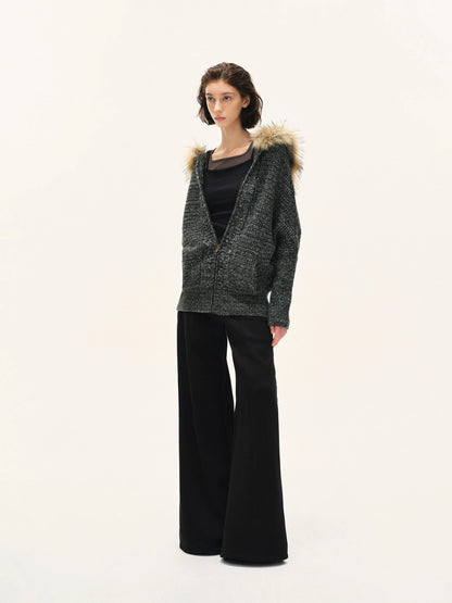 kvkv Vintage Detachable Fur Hoodie Zip Up Cardigan