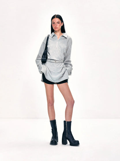 kvkv Vintage Gray Polo Collar Sweatshirt