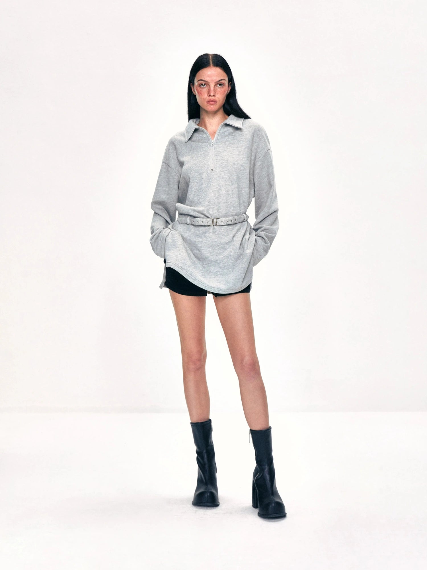 kvkv Vintage Gray Polo Collar Sweatshirt