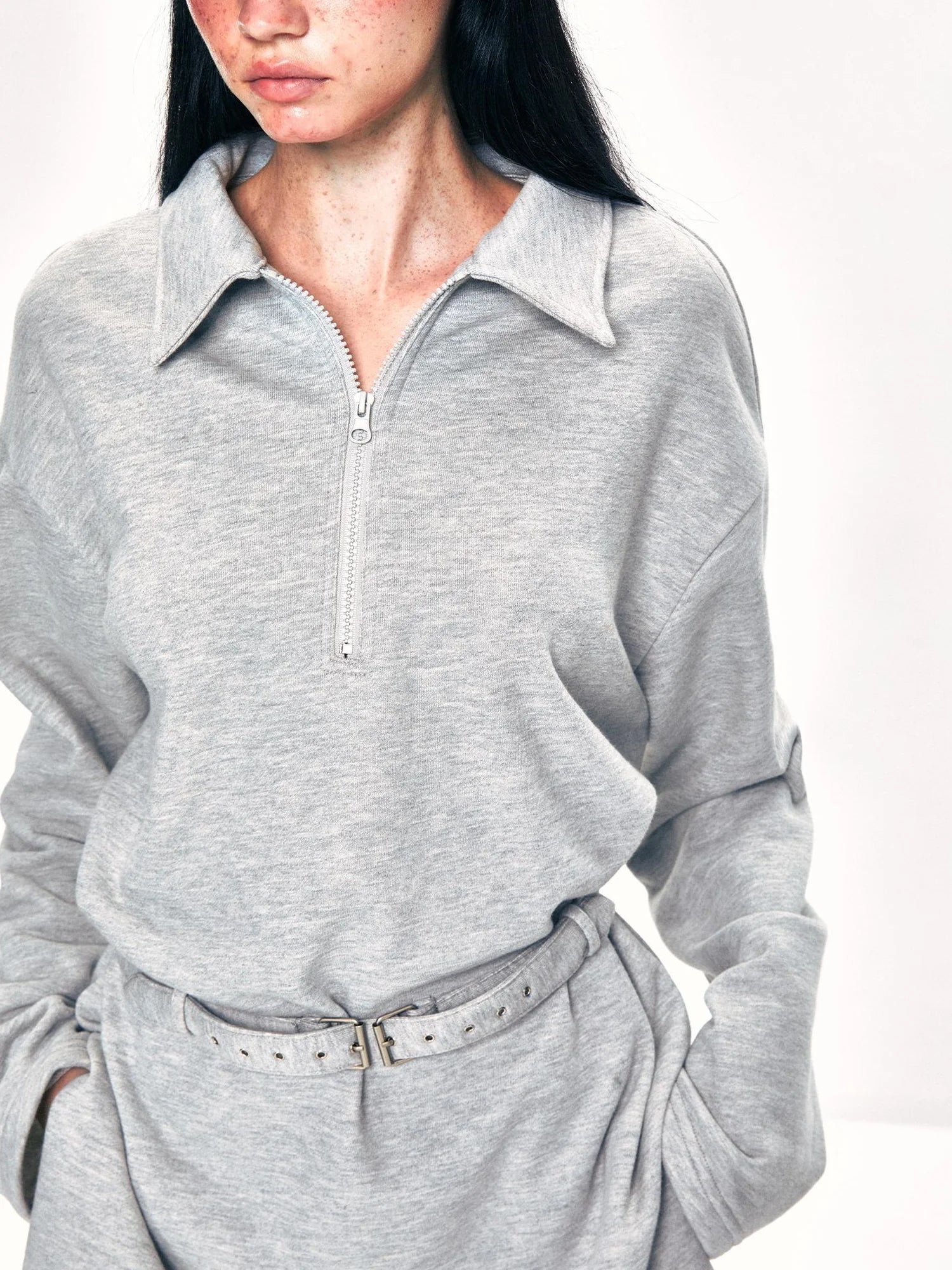 kvkv Vintage Gray Polo Collar Sweatshirt