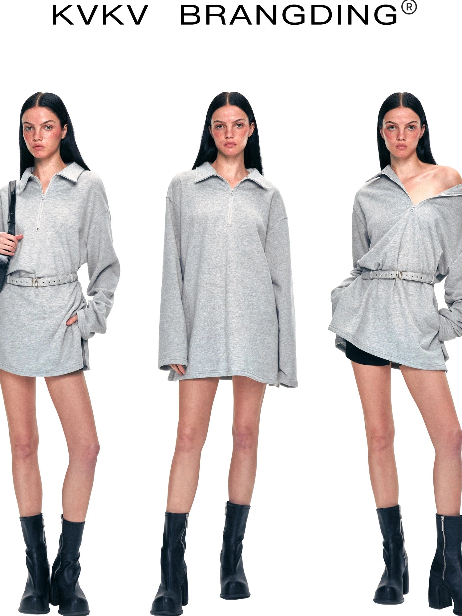 kvkv Vintage Gray Polo Collar Sweatshirt