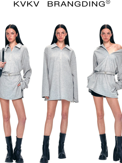 kvkv Vintage Gray Polo Collar Sweatshirt