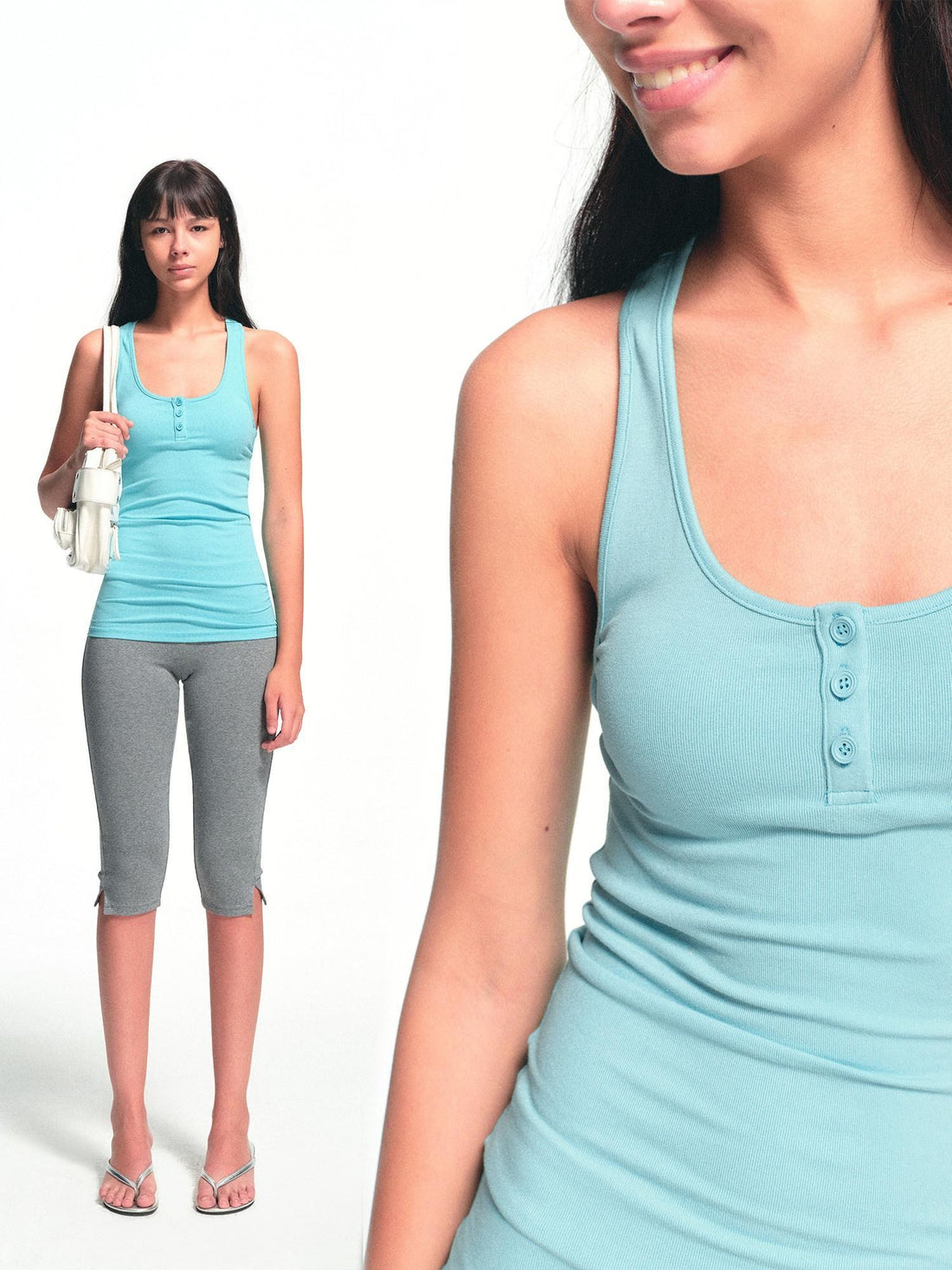 kvkv Vintage Lake Blue Adjustable Button Relaxed U Neck Women&
