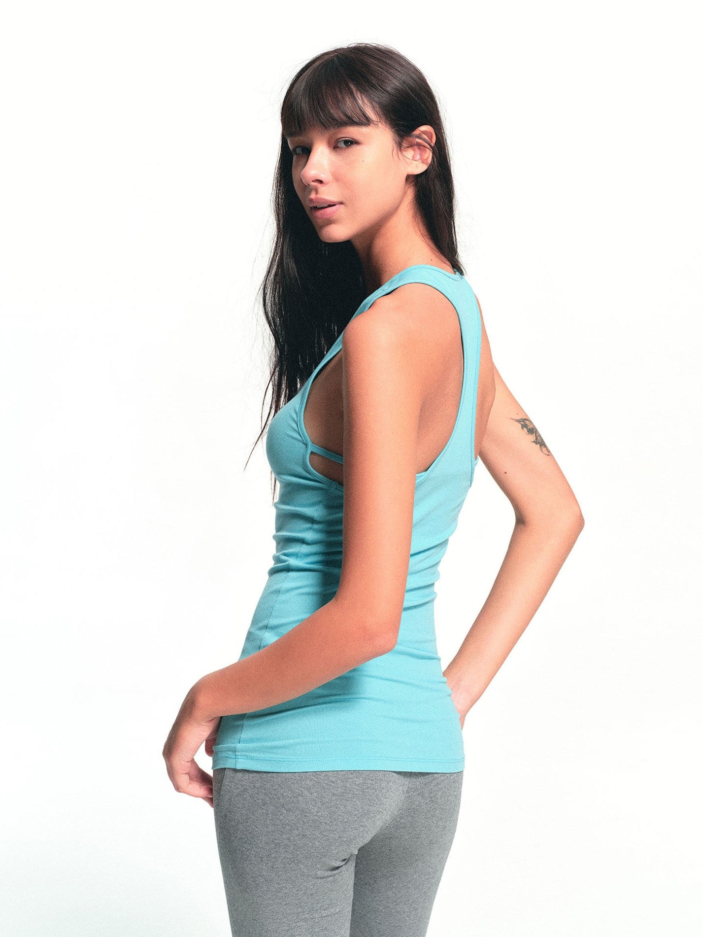 kvkv Vintage Lake Blue Adjustable Button Relaxed U Neck Women&