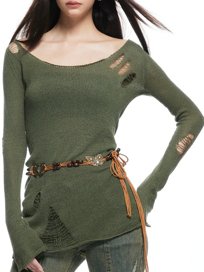 kvkv Vintage Olive Green Distressed Sweater