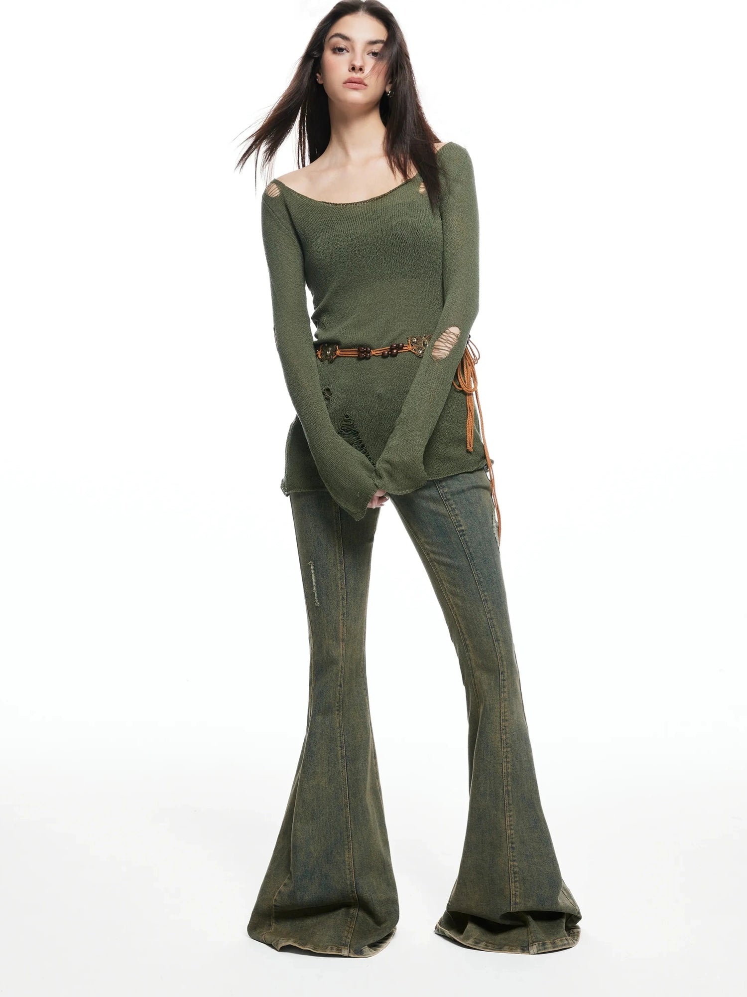 kvkv Vintage Olive Green Distressed Sweater