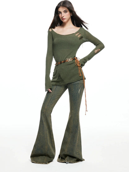 kvkv Vintage Olive Green Distressed Sweater